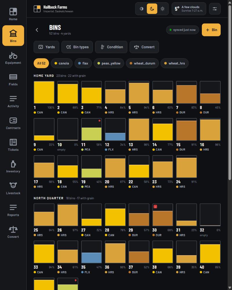 The bin yard: fifty-two bins drawn as fill levels, grouped by yard, each showing its crop and percentage.